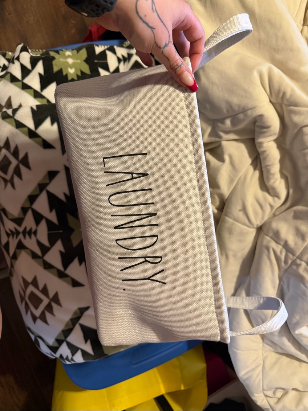 Rae Dunn Cream Laundry Canvas Bin with Black Lettering